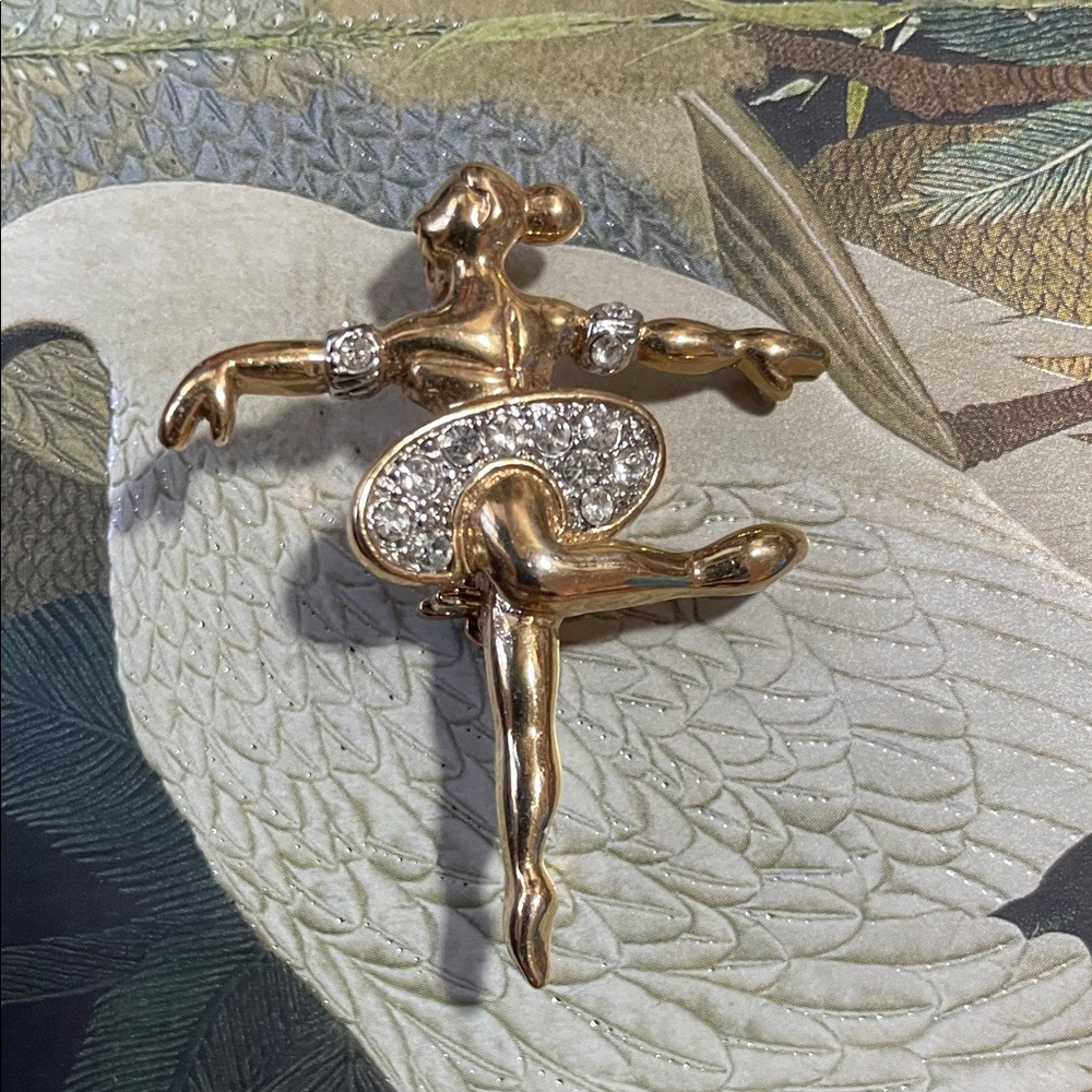 Elegant Gold Ballerina Brooch with Crystal Accents